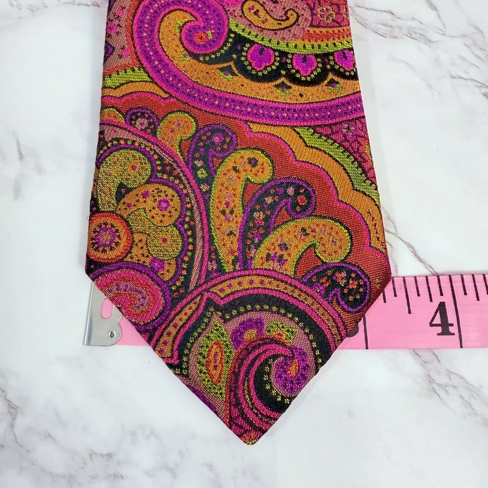 Ted Baker London 100% Silk Paisley Necktie Pink Gold Mustard Made In USA Retro - Picture 3 of 11